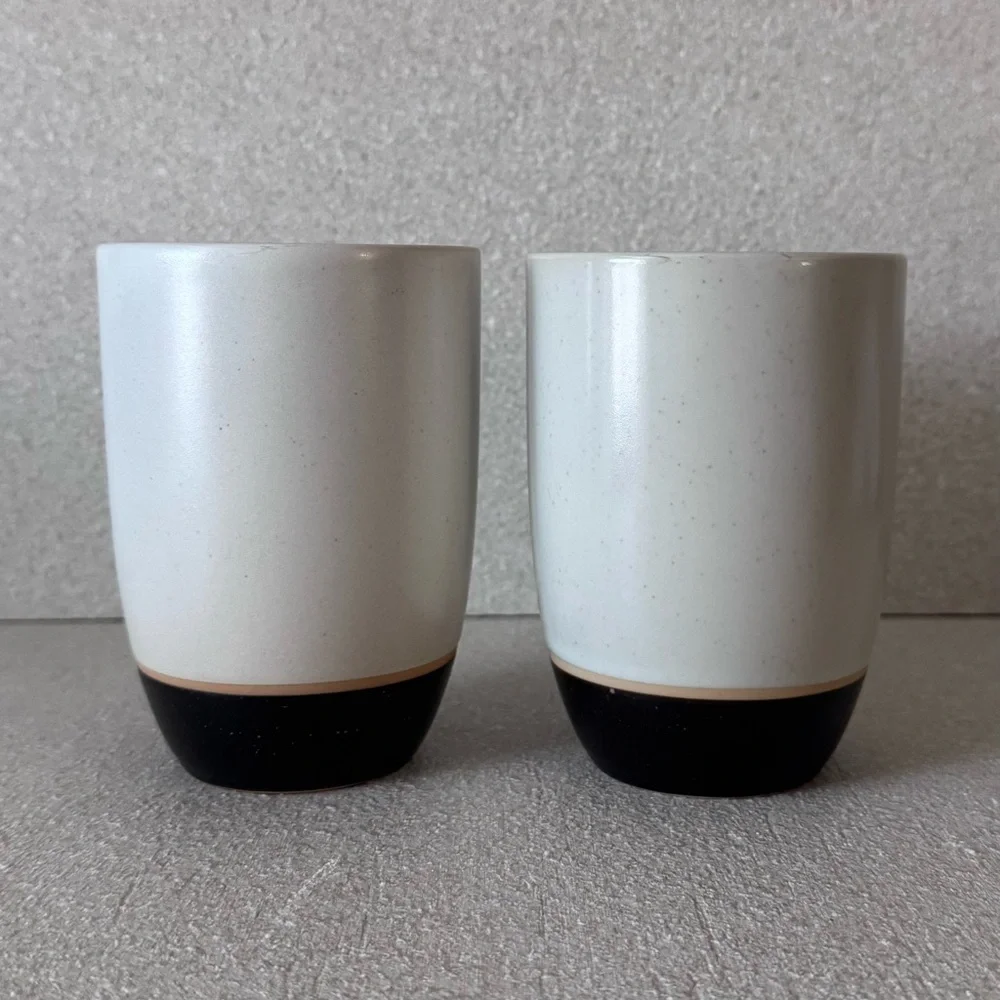 VTG Crate & Barrel Terra Mugs Set of 2 Tan Bands Speckled Stoneware Japan RARE